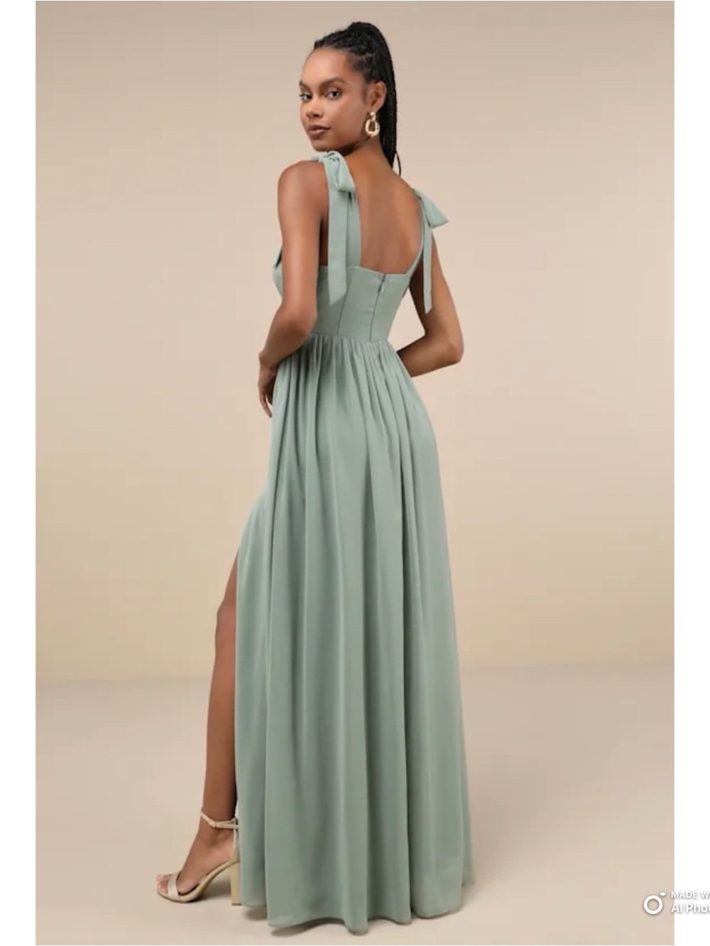 Lulus Medium Radiant Charisma Sage Brush Chiffon Ruched Tie-Strap Maxi Dress NWT - Picture 7 of 17